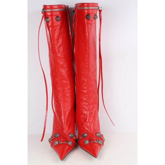 Balenciaga Cagole Boots Red Leather Knee High Pointed Toe Size 37.5 - Picture 2 of 16